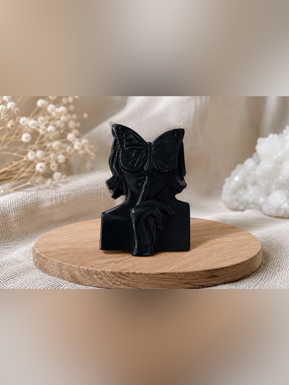Black tourmaline with golden healer Butterfly woman stone carving